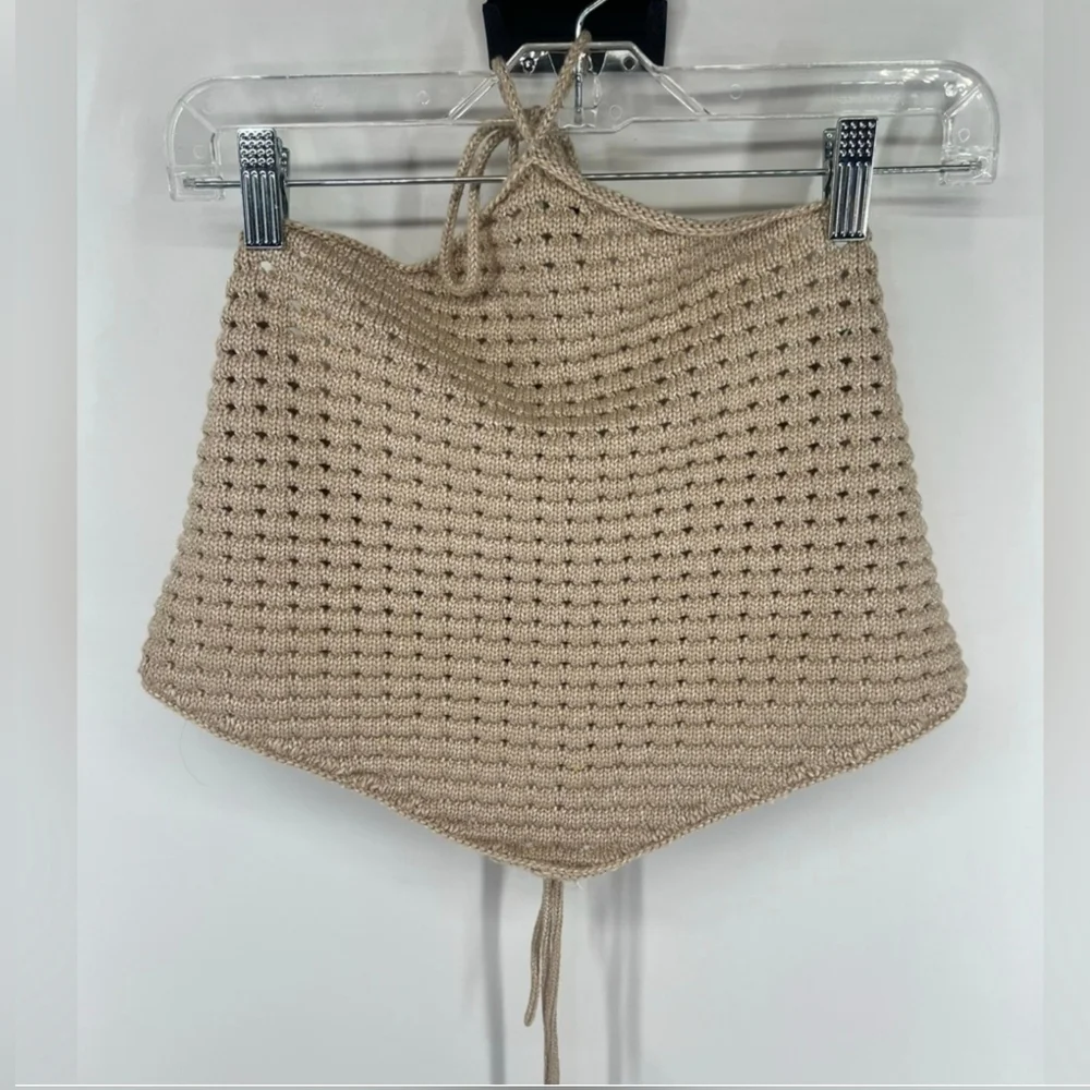 Gianni Bini Tan Crochet Edie Skirt Set Halter Top Natural Midi Skirt L Large - Picture 3 of 12
